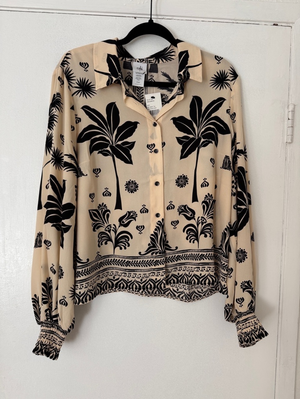 CAbi Cream and Black Botanical Print Button-Down Blouse